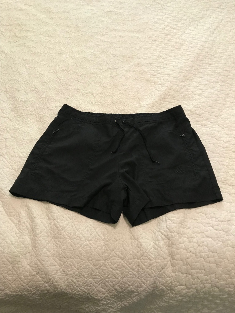 Adidas black athletic shorts with zippered pockets & drawstring waist (L)